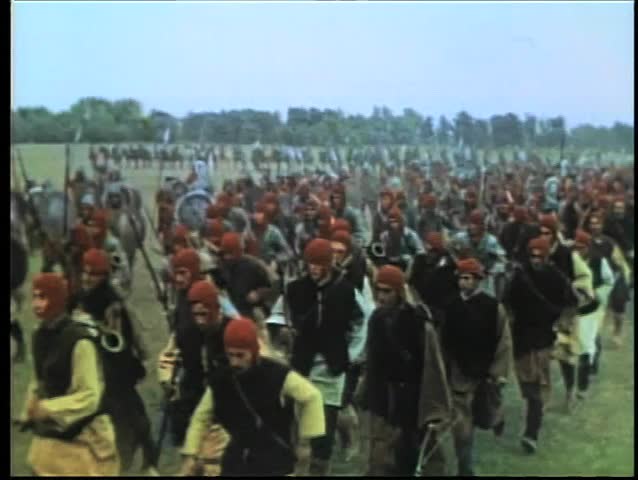 Medieval soldiers running  into battle
