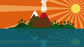 Colorful cartoon small Tropical island with Volcano erupts with columns of smoke in sunset time. vector nature volcano background with space for your text or logo loop. mountains island landscape