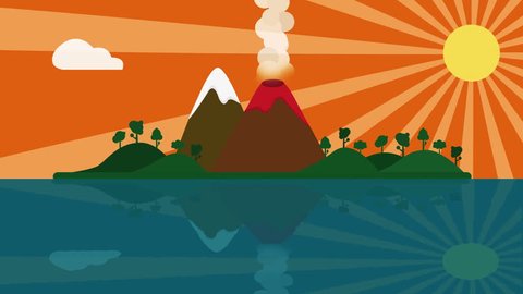 Colorful cartoon small Tropical island with Volcano erupts with columns of smoke in sunset time. vector nature volcano background with space for your text or logo loop. mountains island landscape