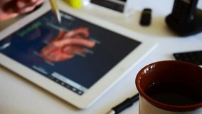 Medical learning application on tablet. Person touch screen and view heart model. Student study human heart 3d model with the tablet medical application. Touchscreen technology, touchscreen concept.