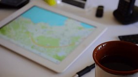 Map on tablet computer. Person touching screen and make route on the map. Full HD video, royalty free stock footage.