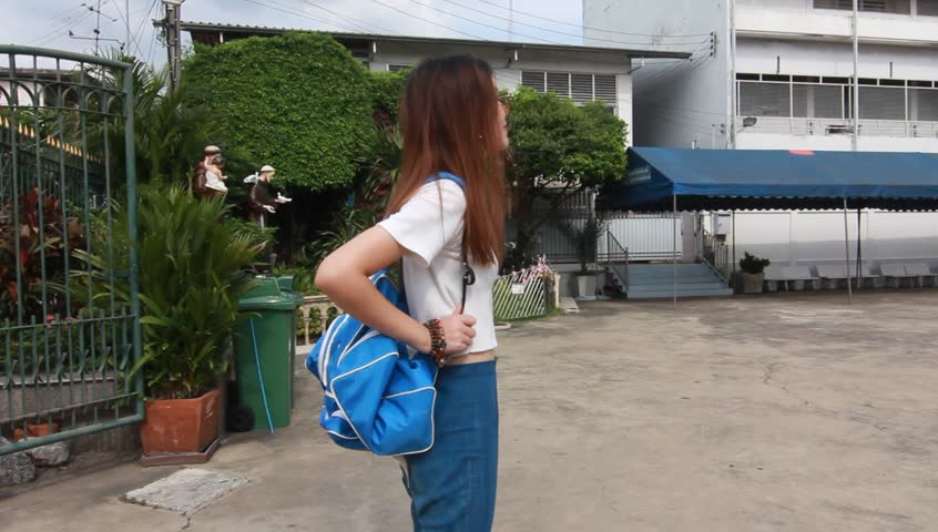 thai chinese adult beautiful girl travel old local City church in bangkok