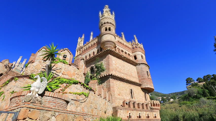 Panoramic view of famous Castillo de Colomares is a monument similar to a fairytale castle, dedicated to Christopher Columbus. Benalmadena, near Malaga in Andalusia, Spain.