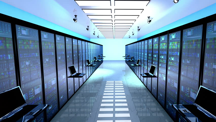 Blackout in server room.Creative business web telecommunication, internet technology connection, cloud computing and networking connectivity concept: terminal monitor in  datacenter. 3d render Royalty-Free Stock Footage #18418915