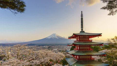 4K Timelapse of Mt. Fuji with Chureito Pagoda in spring, Fujiyoshida, Japan
