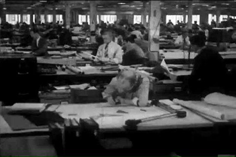 Lockheed Corporation\xCDs drafting room, and designers in the 1940s in penciling out prototypes and sketches of airplane parts, and layouts of the interior and exterior sections of a plane. (1940s)