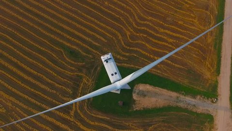 Aerial View. Beautiful windmill turbines , wind energy turbines . Aerial drone shot. 4K 30fps
