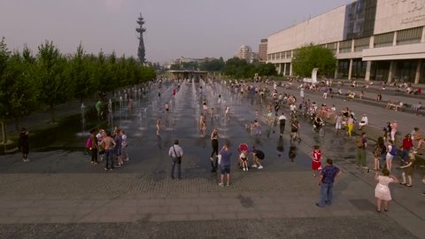 RUSSIA, MOSCOW - JULY 24, 2016: Muzeon park, fountains on the embankment of the Moscow River