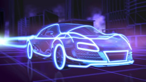 Abstract animation of a futuristic blue car in 4K UHD, cgi made with wireframes on an animated futuristic city background to highlight the automobile and it's technology and engineering Video stock