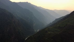 Himalayas Nepal nature HD video background. Aerial view of forest valley, foggy mountain hills.