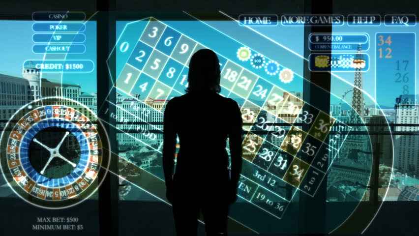 Female gambling in Las Vegas casino using motion graphics touchscreen technology