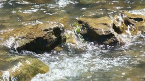 Water floating in mountain rocky river. Video with natural sound of river. 