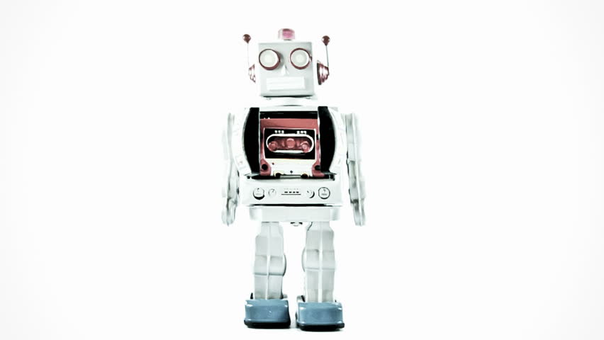 retro robot toy walks  forward then falls  down 