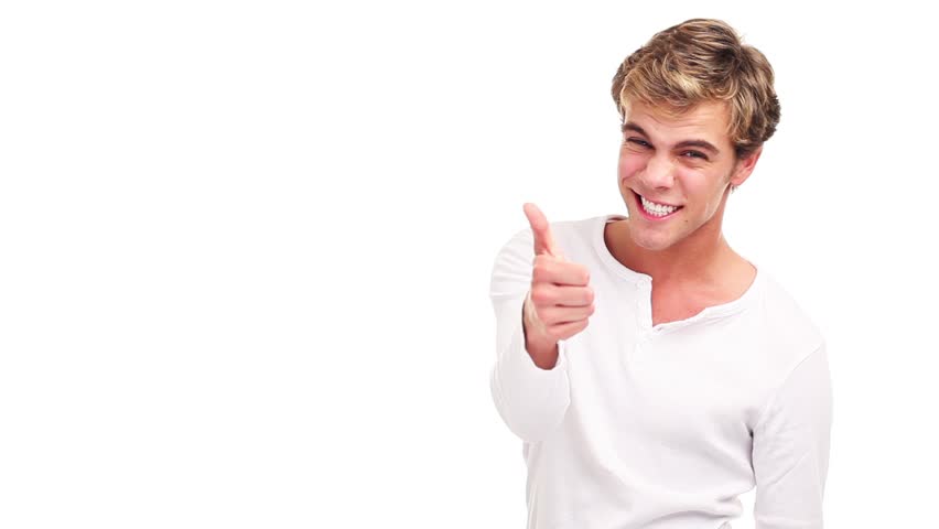 Sexy attractive young man smiling and giving a thumbs up sign to express success - isolated on white background