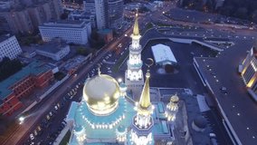 Night shot of Moscow Cathedral Mosque. New religion construction in Russia. Largest in Europe. Unique aerial quadcopter footage. 4K video.