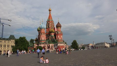 MOSCOW, RUSSIA - SUMMER 2016: St. Basil's Cathedral on Red Square. Moscow. Cathedral of the Holy Virgin. Shot in 4K (ultra-high definition (UHD)).