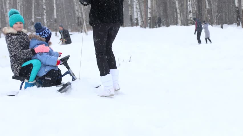 Female hand drags happy boy and girl on sled near during snowfall in winter park
