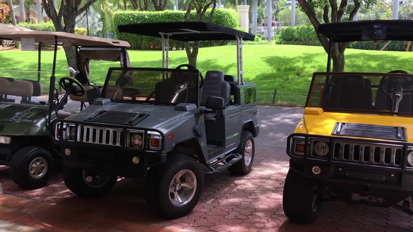  A couple of golf carts standing in the park on a sunny day.


