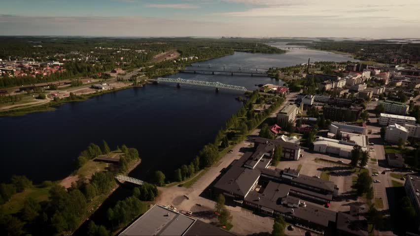 Aerial from town located in Tornio, Northern Finland. Filmed in sunny summer day.