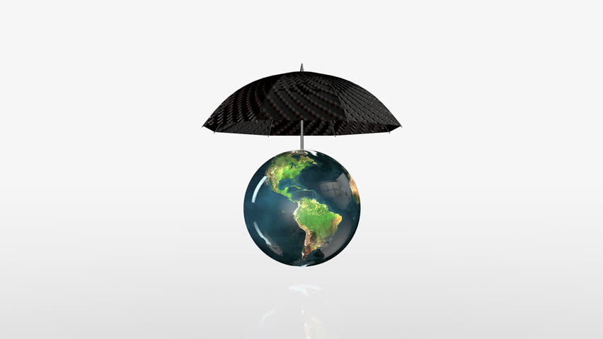 Earth Globe Crashing, golden coins falling on rotating umbrella