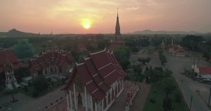 Chalong Temple Sunsrise in Phuket Ascending Aerial Drone Shot
