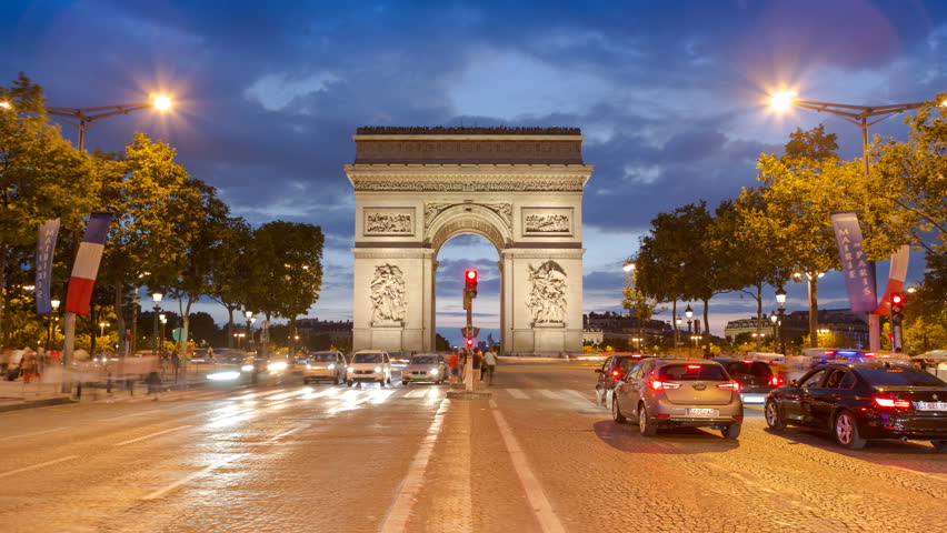 Arc de Triomphe - Paris traffic on Champs-Elysees at night 4k Royalty-Free Stock Footage #18527159