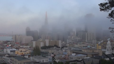 Famous San Francisco panorama in foggy day, modern construction with Pyramid building