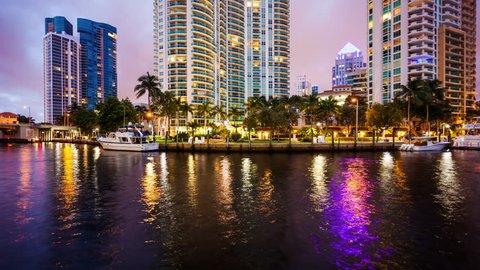 Fort Lauderdale, Florida Skyline at Night on New River - Time Lapse