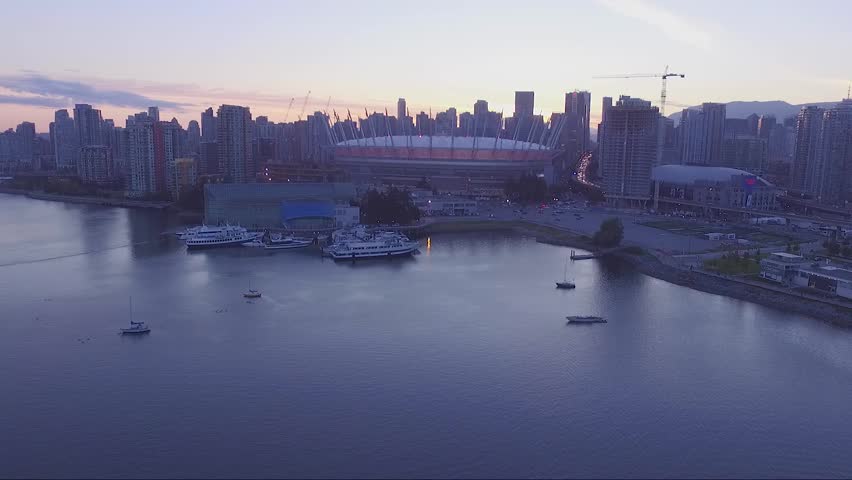 Science world / center Vancouver Drone Fly over at falls creek with view of downtown and BC Place / Science world center fly over with view of downtown Vancouver and BC place / fly over science world 