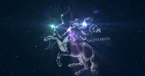 Sagittarius. Zodiac sign. Horoscope. Space flight through the constellation. The constellation image of Hevelius engraving from the 17th century. Animation in 2 versions: with and without inscription.
