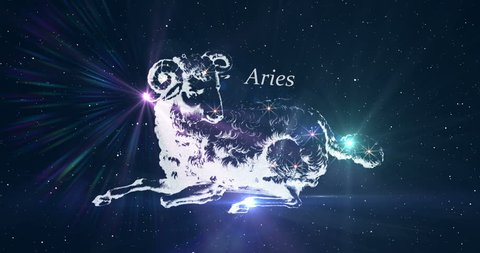 Zodiac sign. Horoscope. Space flight through the constellation. The constellation image of Aries. Hevelius engraving from the 17th century. Animation in two versions: with and without inscription.