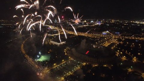 Great firework show in Moscow Russia near MSU Moscow State University. Unique close aerial view, flight inside, quadcopter drone footage. Beautiful colors from above. 4K footage.