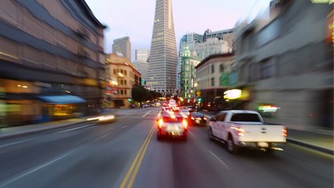 Hyperlapsed view from a car. POV. San Francisco financial district and Chinatown. Day to night. Perfect to represent concepts as autonomous driving, futuristic cityscape, city life, etc.
