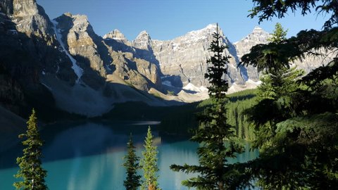 Valley of the 10 Peaks tower over majestic alpine Moraine Lake in the Canadian Rockies