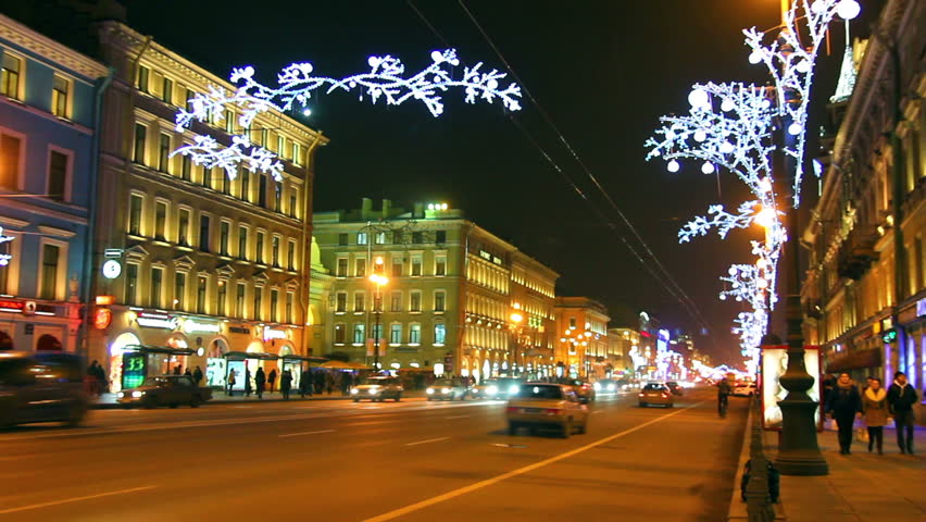 Nevsky Prospect in St. Petersburg at Christmas night - timelapse