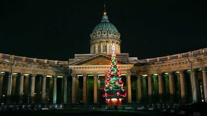 Kazan Cathedral and Christmas tree at night in St. Petersburg