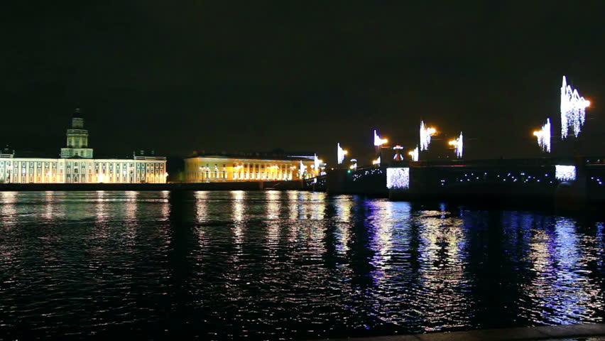 The bridge across the Neva River in St. Petersburg on Christmas night