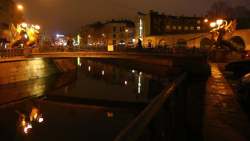 Griffins on Bank Bridge in Saint Petersburg at night