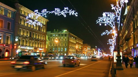 Nevsky Prospect in St. Petersburg at Christmas night Stock Video