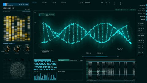 Blue DNA strand rotating on screen, forensic DNA analysis, genetic engineering. DNA molecules analysis, biochemistry, statistics in graphs and charts