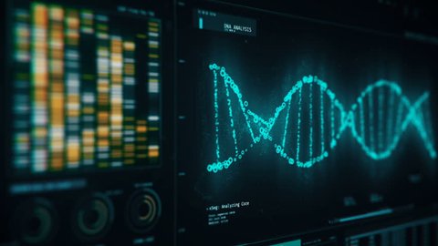 DNA chain rotating on screen, forensic analysis of structure, genetic research. DNA molecules analysis, biochemistry, statistics in graphs and charts