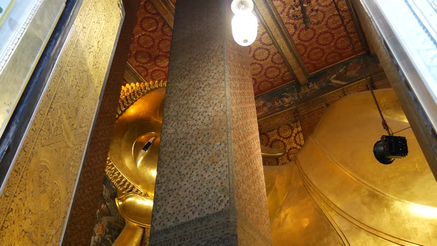 Reclining Buddha inside Wat Pho or Temple of the Reclining Buddha, Bangkok. It is one of the oldest temples in Bangkok, 
