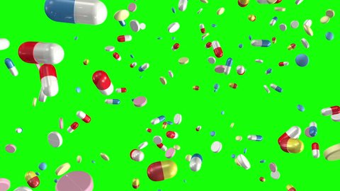 Pills and capsules falling on a chroma key greenscreen background. Loop section from 10:00 to 20:00, so you can have the pills falling for as long as you like. Medicine, medical, pharmaceuticals.