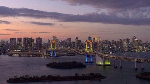 Tokyo, Japan skyline time lapse over the bay from day to night.