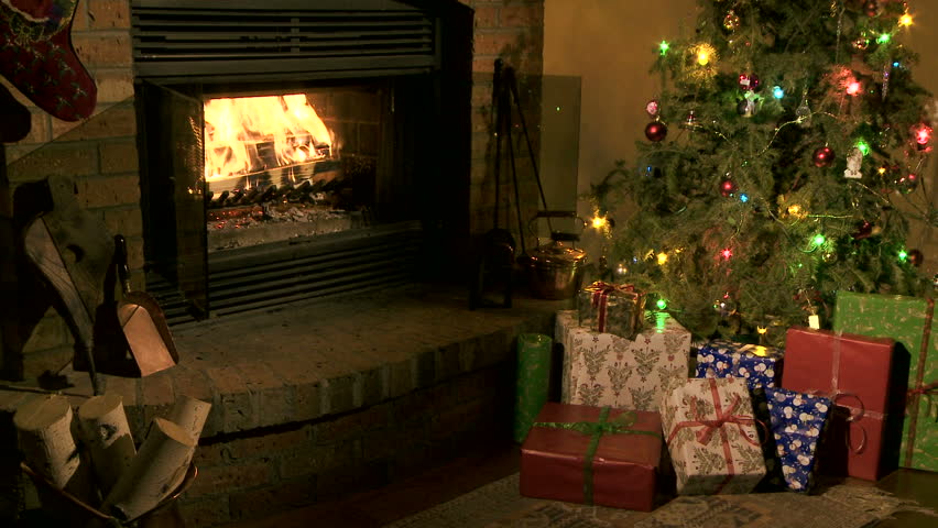 Home Christmas scene with tree, presents and fireplace