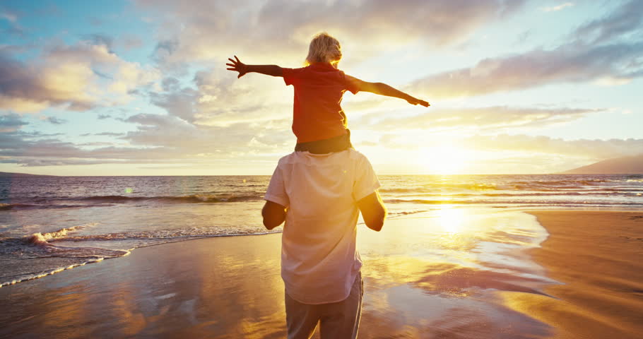 Happy father and son playing on the beach at sunset Royalty-Free Stock Footage #18597332