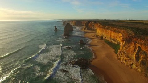 Twelve Apostles at sunset, aerial view of Australian Coast. Stock Video