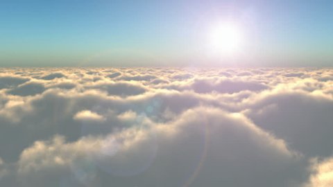 Scenic flight above the clouds towards the sun