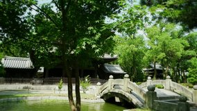 Pond with bridge in greenery of Japanese temple garden. Fukuoka 2016. Slow motion tilting.