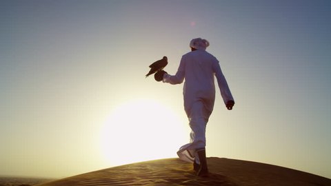 Proud Arab in dishdasha in silhouette at sunrise with his trained falcon